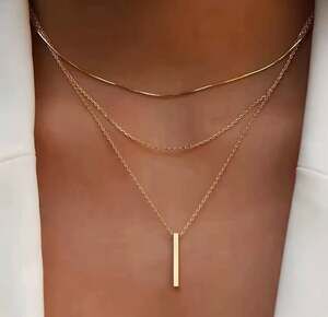 Layered Gold-Tone Alloy Vertical Bar Pendant Necklace